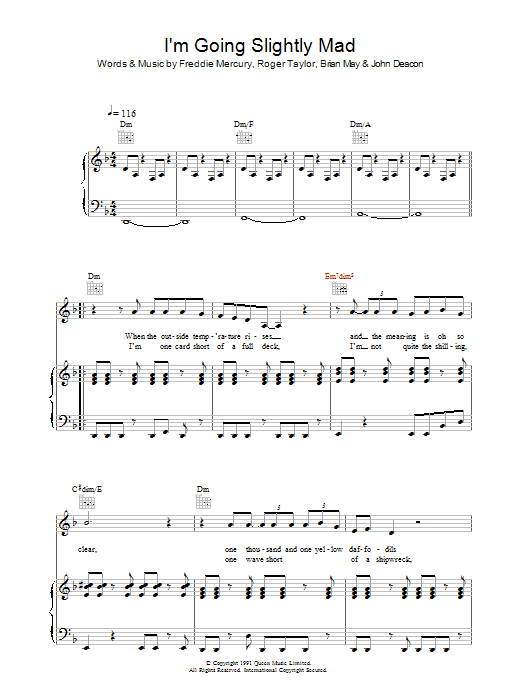 Queen I'm Going Slightly Mad sheet music preview music notes and score for Piano, Vocal & Guitar including 8 page(s)