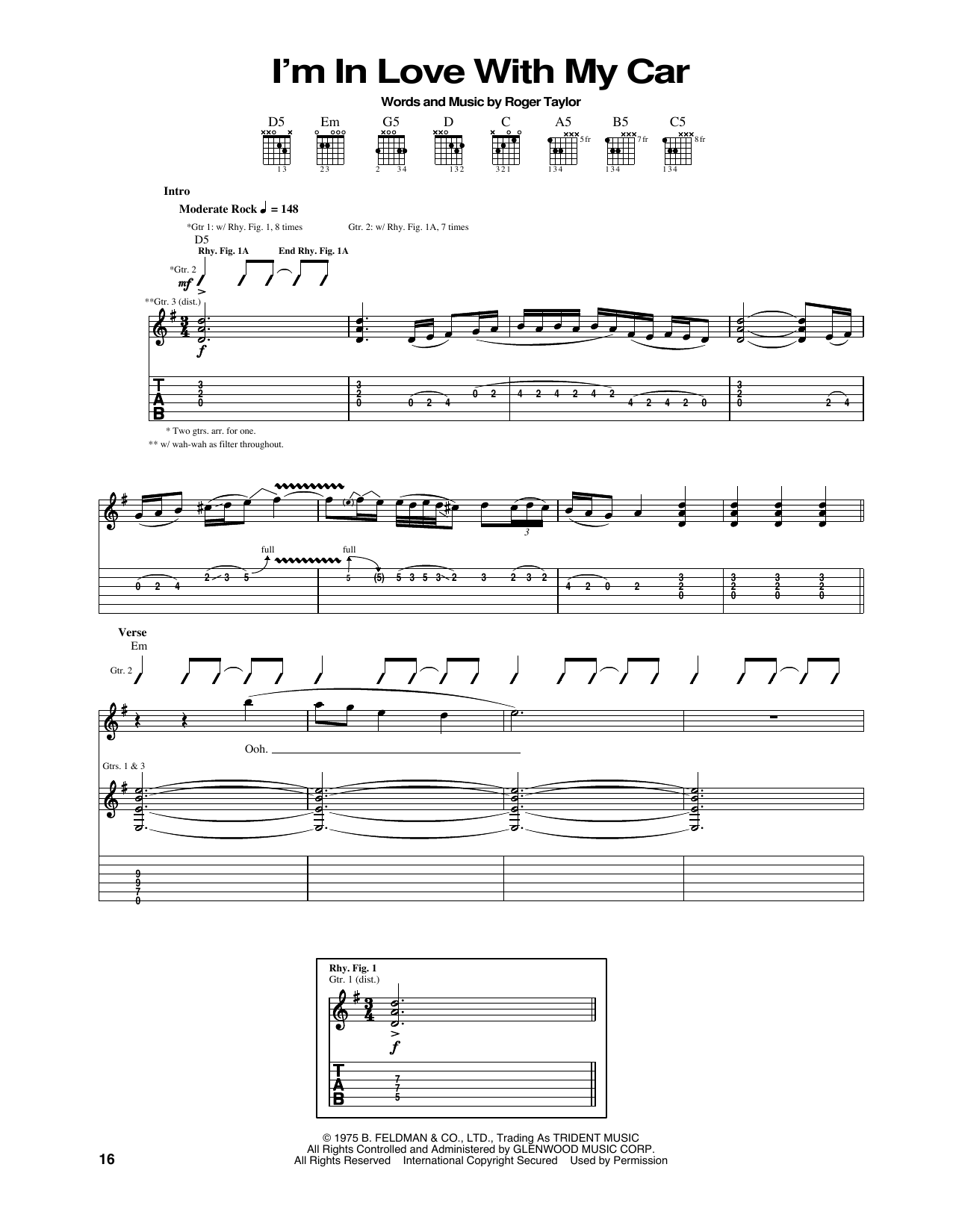 Queen I'm In Love With My Car sheet music preview music notes and score for Lyrics & Chords including 2 page(s)