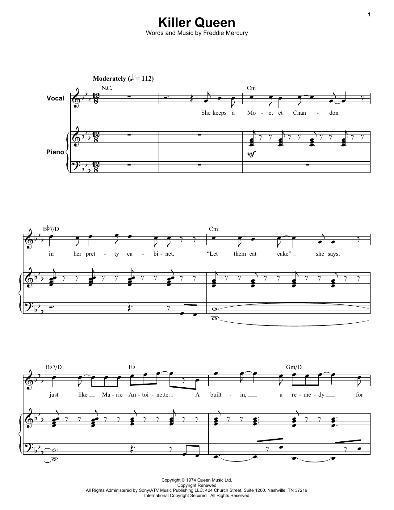 Queen Killer Queen sheet music preview music notes and score for Piano, Vocal & Guitar (Right-Hand Melody) including 9 page(s)