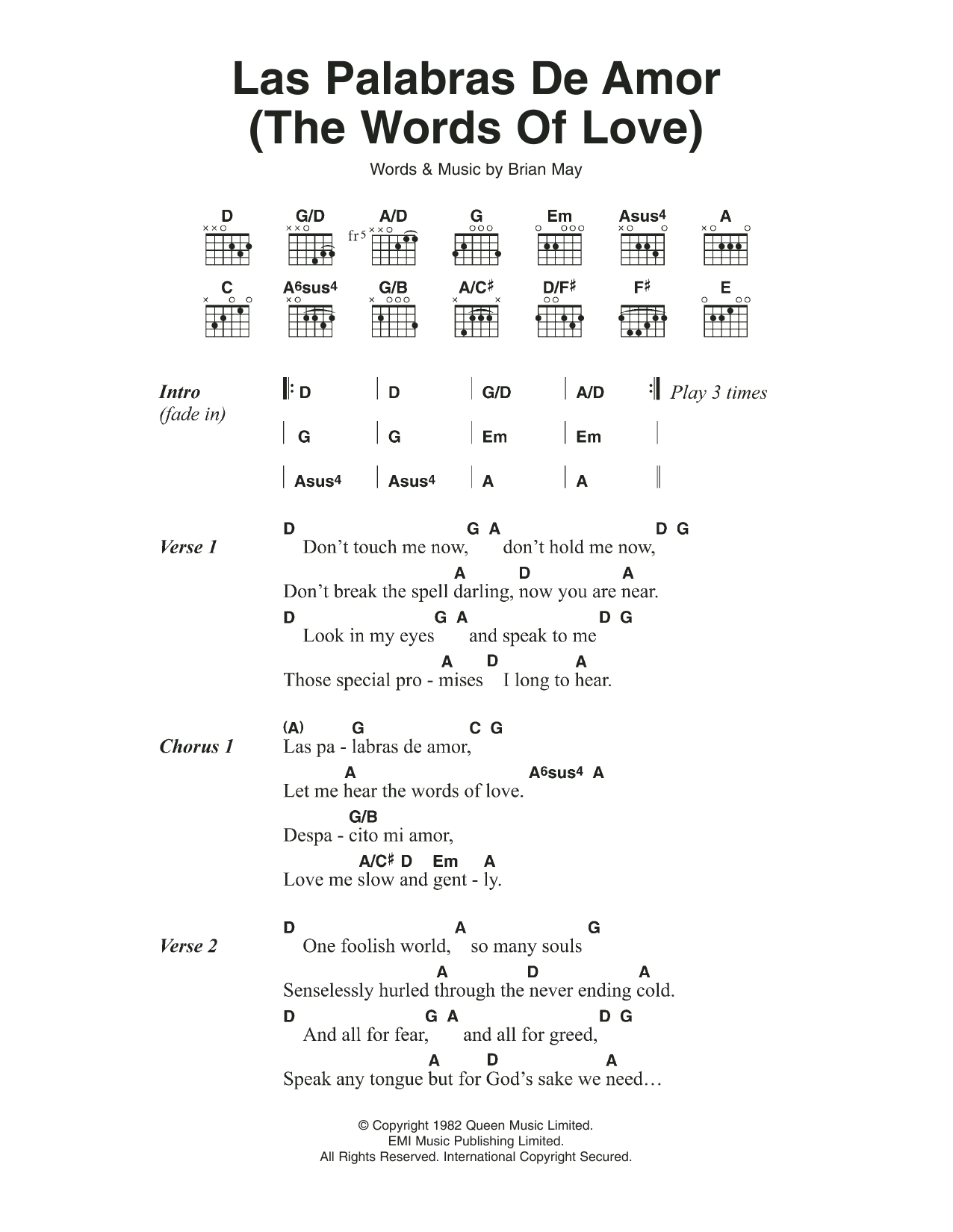 Queen Las Palabras De Amor (The Words Of Love) sheet music, chords, lyrics - Printable PDF for Lyrics & Chords