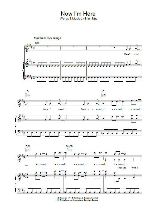 Queen Now I'm Here sheet music preview music notes and score for Piano, Vocal & Guitar (Right-Hand Melody) including 9 page(s)