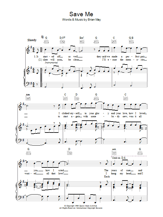 Learn to play Queen Save Me sheet music for Piano, Vocal & Guitar (Right-Hand Melody) in minutes. Queen Save Me sheet music preview music notes and score for Piano, Vocal & Guitar (Right-Hand Melody) including 4 page(s)