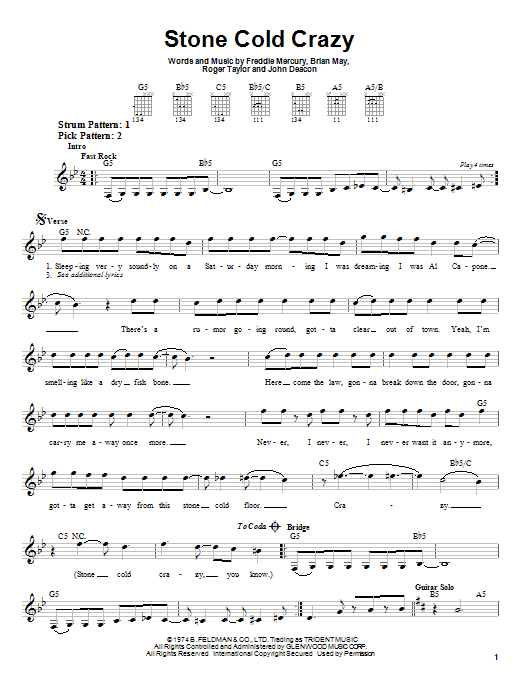 Queen Stone Cold Crazy sheet music preview music notes and score for Easy Guitar Tab including 4 page(s)