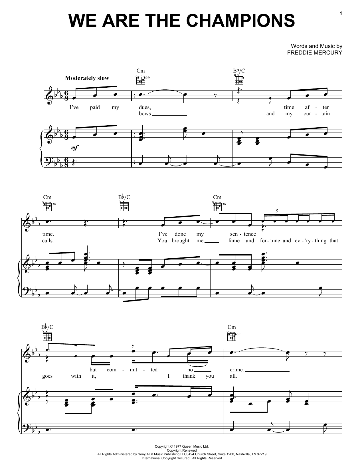 Queen We Are The Champions sheet music preview music notes and score for Piano, Vocal & Guitar (Right-Hand Melody) including 4 page(s)