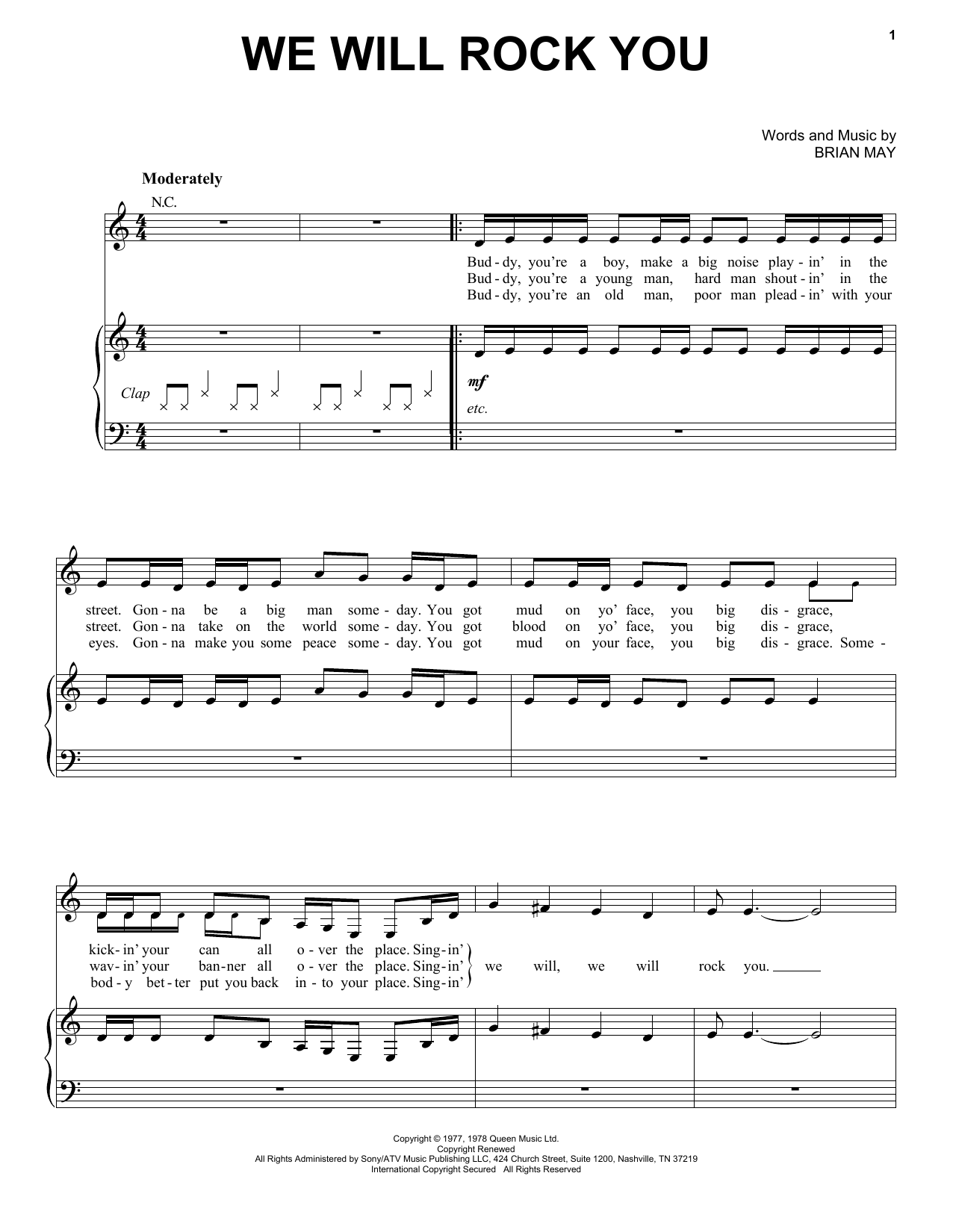 Queen We Will Rock You sheet music preview music notes and score for Piano, Vocal & Guitar (Right-Hand Melody) including 2 page(s)