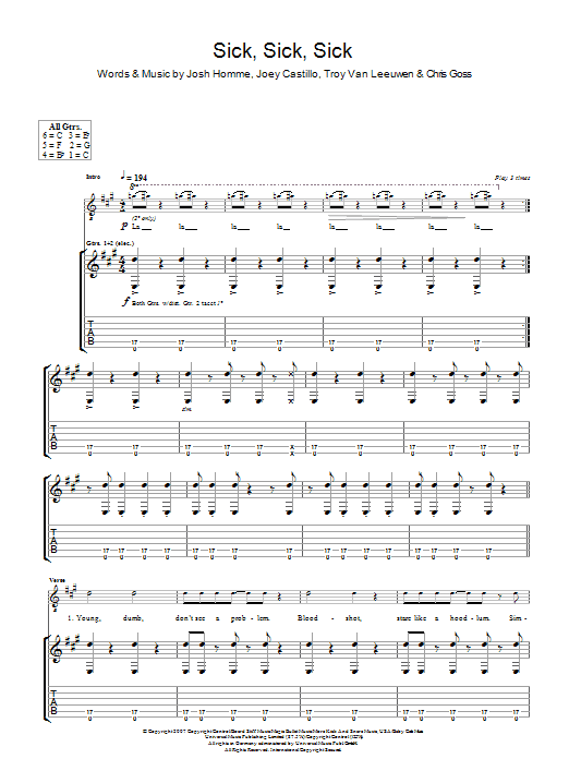 Queens Of The Stone Age Sick, Sick, Sick sheet music, chords, lyrics - Printable PDF for Guitar Tab