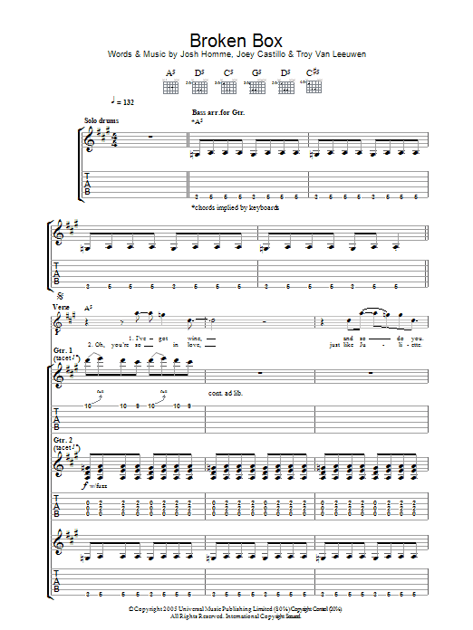 Queens Of The Stone Age Broken Box sheet music preview music notes and score for Guitar Tab including 8 page(s)