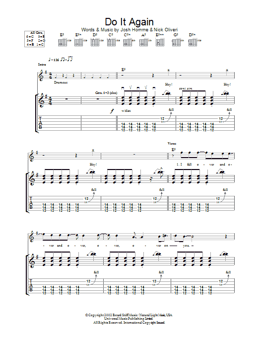 Queens Of The Stone Age Do It Again sheet music preview music notes and score for Guitar Tab including 8 page(s)