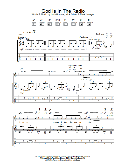 Queens Of The Stone Age God Is In The Radio sheet music preview music notes and score for Guitar Tab including 10 page(s)