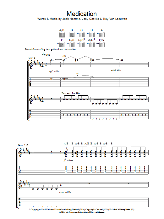 Queens Of The Stone Age Medication sheet music preview music notes and score for Guitar Tab including 7 page(s)
