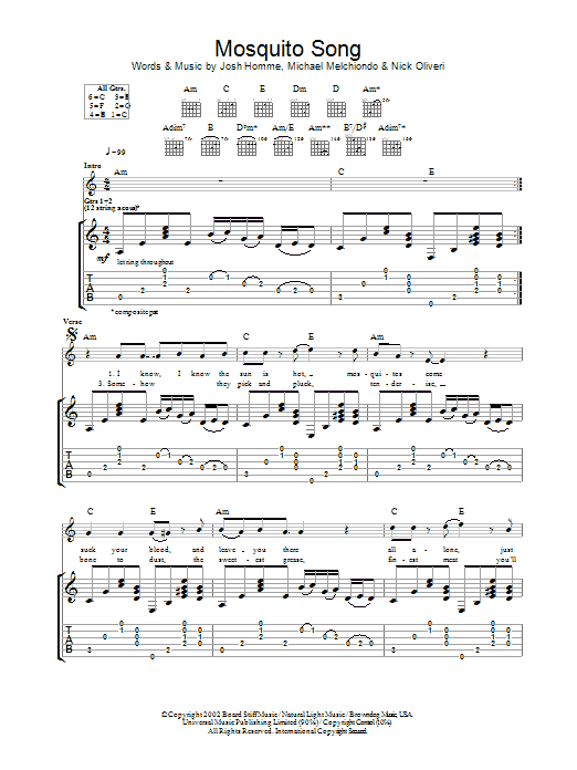 Queens Of The Stone Age Mosquito Song sheet music preview music notes and score for Guitar Tab including 9 page(s)