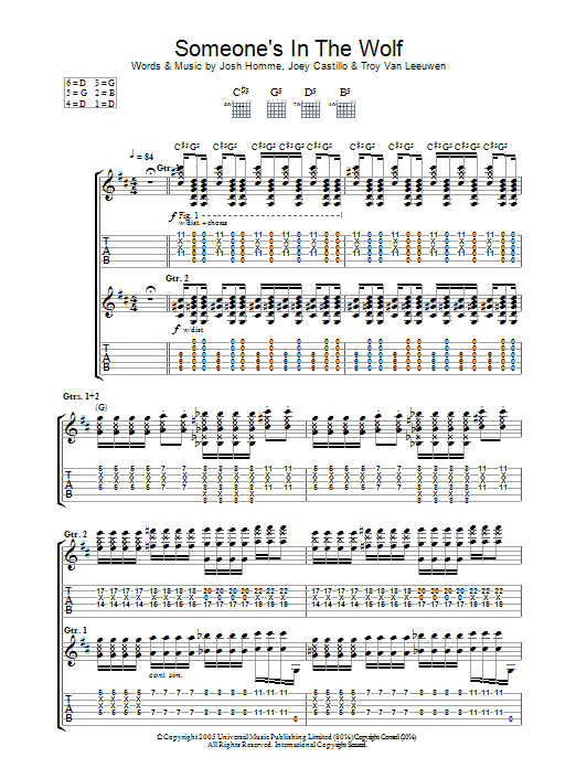 Queens Of The Stone Age Someone's In The Wolf sheet music preview music notes and score for Guitar Tab including 13 page(s)