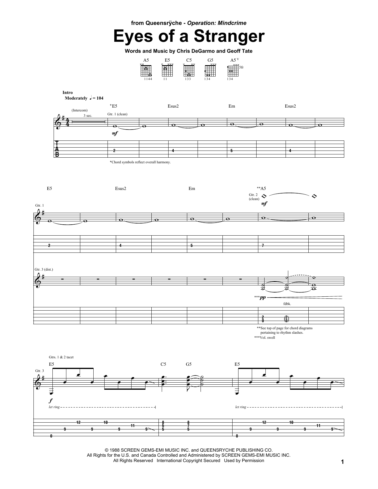 Learn to play Queensryche Eyes Of A Stranger sheet music for Guitar Tab in minutes. Queensryche Eyes Of A Stranger sheet music preview music notes and score for Guitar Tab including 12 page(s)