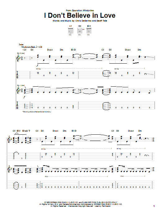 Learn to play Queensryche I Don't Believe In Love sheet music for Guitar Tab in minutes. Queensryche I Don't Believe In Love sheet music preview music notes and score for Guitar Tab including 11 page(s)