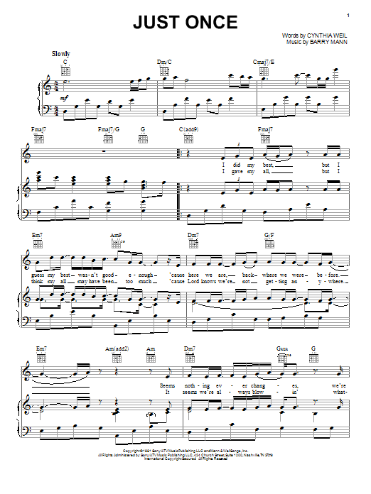 Download Quincy Jones featuring James Ingram Just Once sheet music notes and chords for Piano, Vocal & Guitar (Right-Hand Melody) - Download Printable PDF and start playing in minutes.