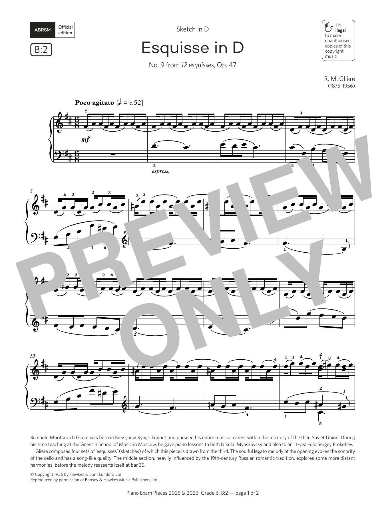 R. M. Glière Esquisse in D (Grade 6, list B2, from the ABRSM Piano Syllabus 2025 & 2026) sheet music, chords, lyrics - Printable PDF for Piano Solo