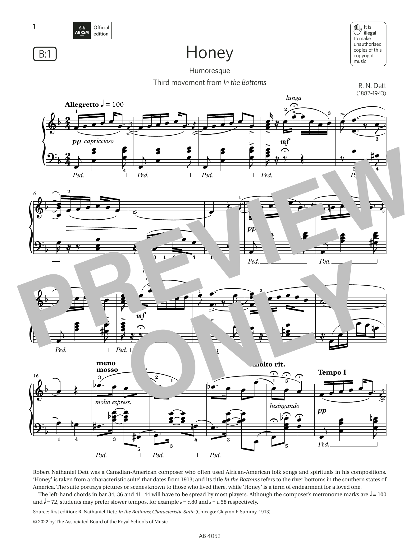 R N Dett Honey (Grade 6, list B1, from the ABRSM Piano Syllabus 2023 & 2024) sheet music, chords, lyrics - Printable PDF for Piano Solo
