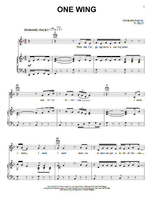 Learn to play R. Kelly One Wing sheet music for Piano, Vocal & Guitar (Right-Hand Melody) in minutes. R. Kelly One Wing sheet music preview music notes and score for Piano, Vocal & Guitar (Right-Hand Melody) including 8 page(s)