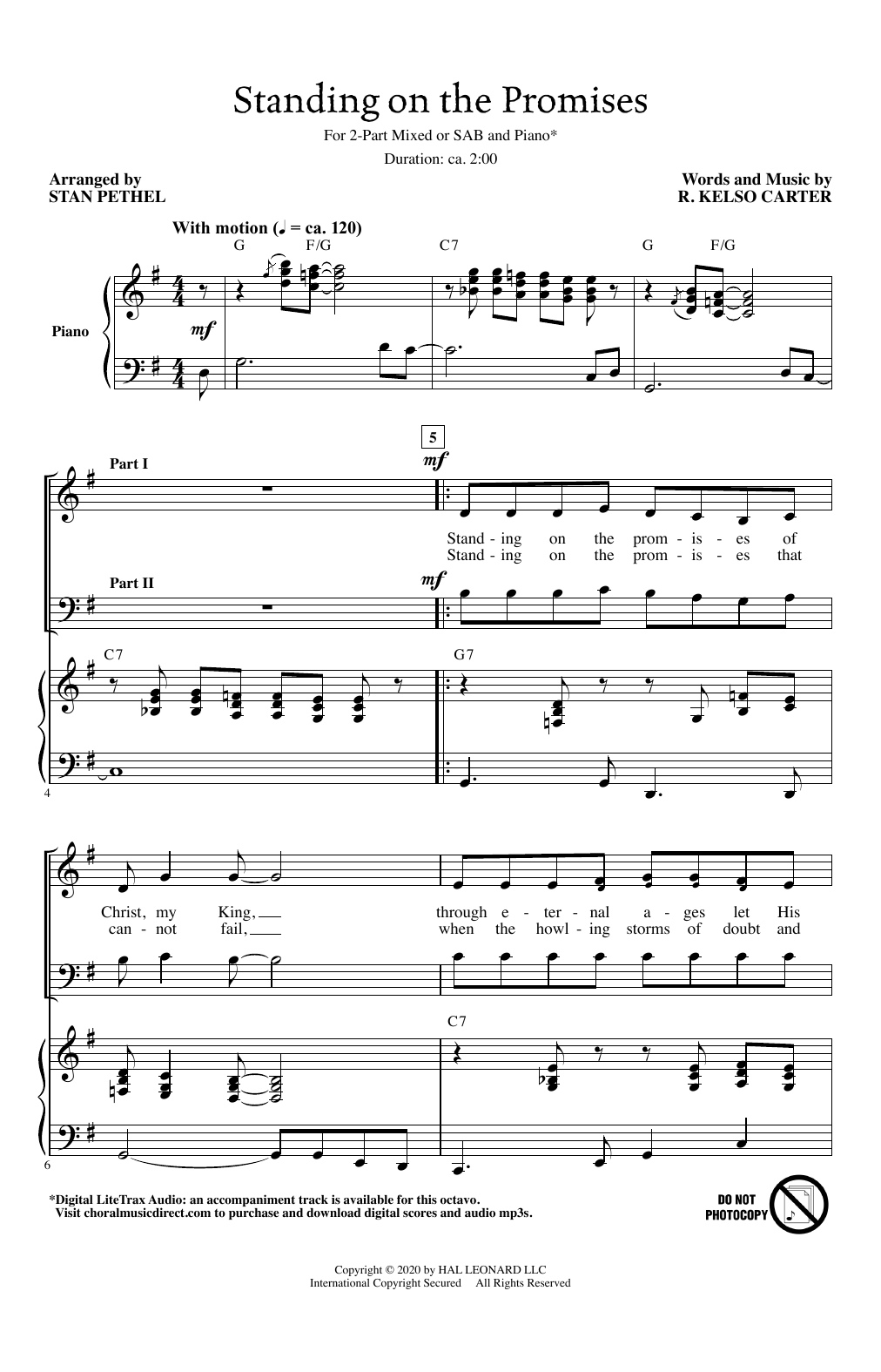 R. Kelso Carter Standing On The Promises (arr. Stan Pethel) sheet music preview music notes and score for Choir including 6 page(s)