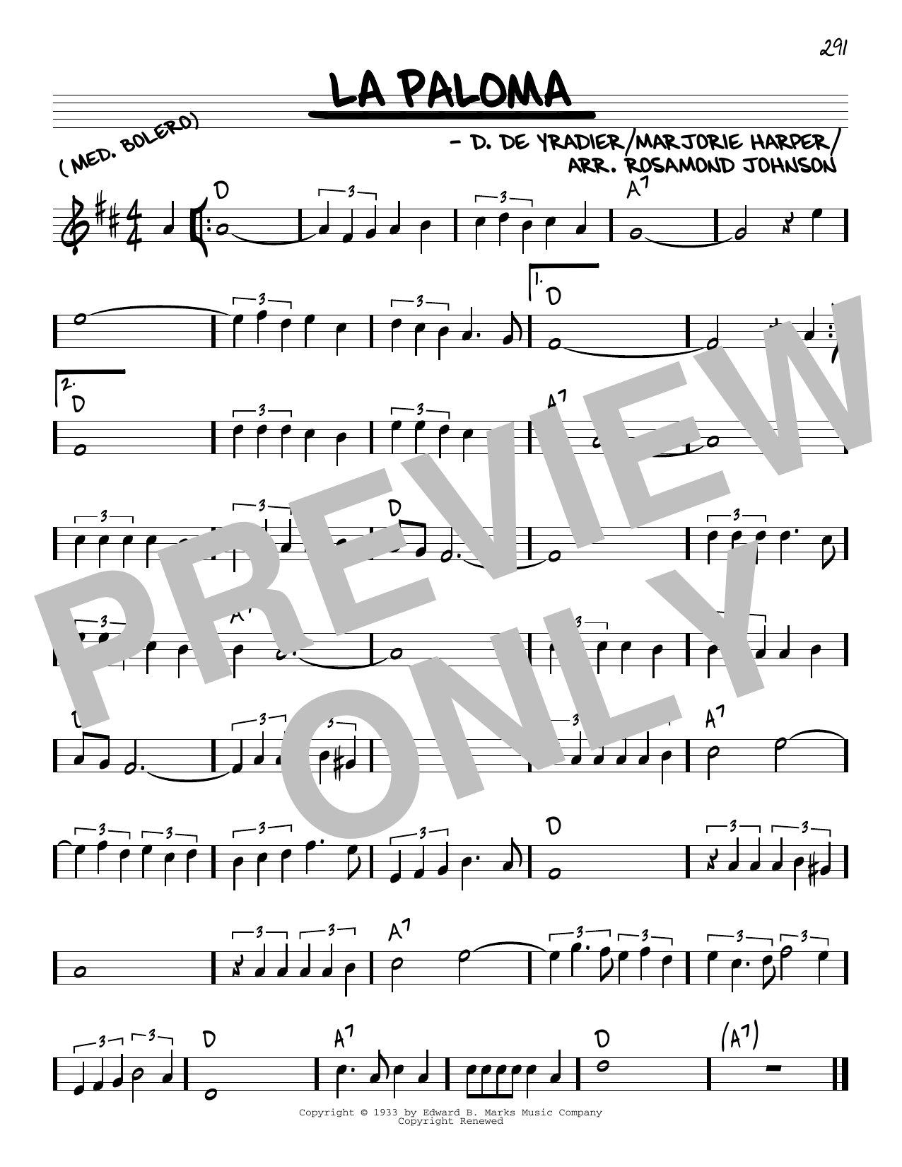 Learn to play R. Rosamond Johnson La Paloma sheet music for Real Book – Melody & Chords in minutes. R. Rosamond Johnson La Paloma sheet music preview music notes and score for Real Book – Melody & Chords including 1 page(s)