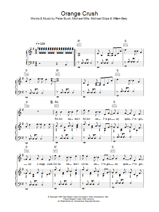R.E.M. Orange Crush sheet music preview music notes and score for Piano, Vocal & Guitar (Right-Hand Melody) including 4 page(s)