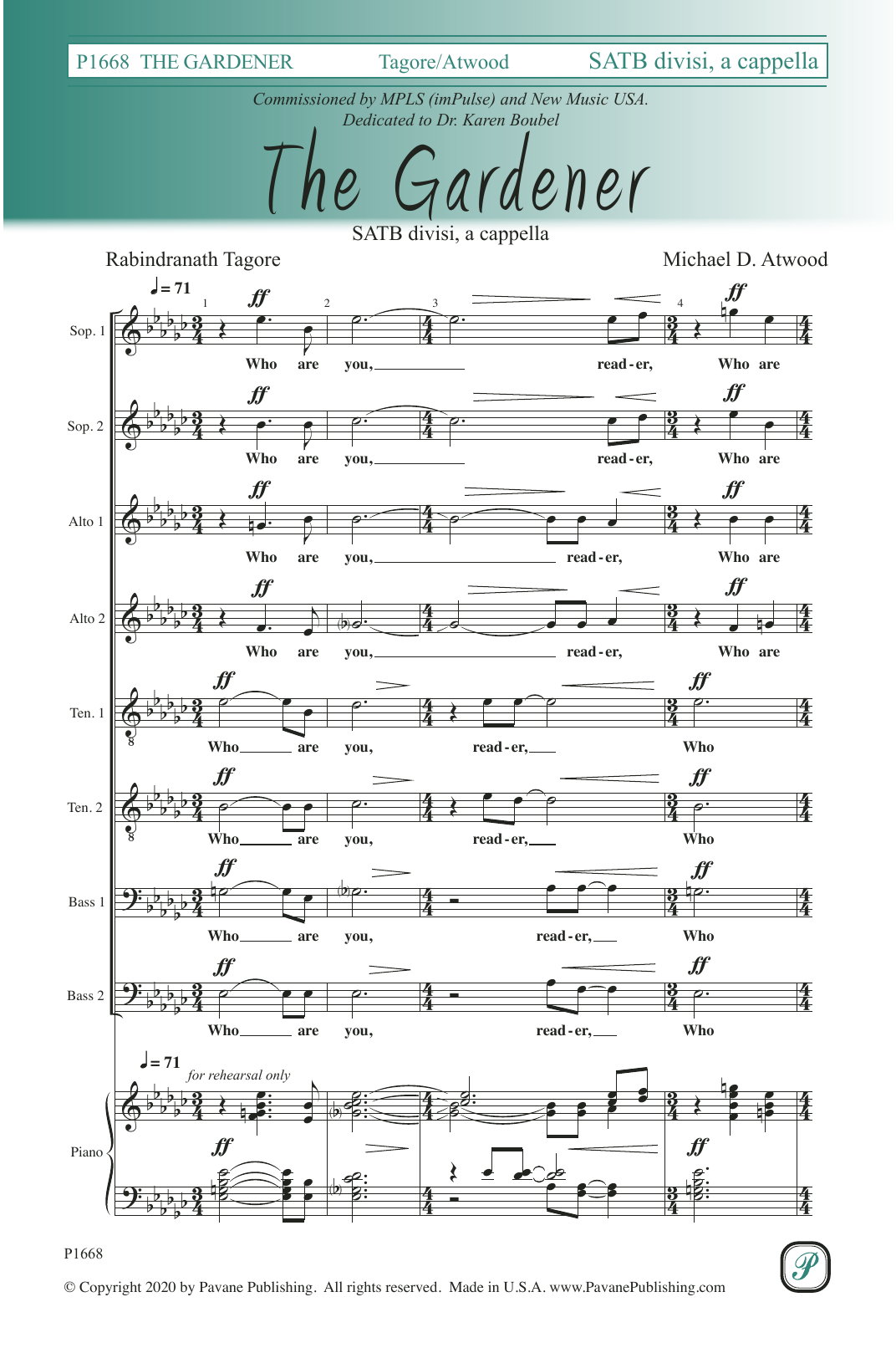 Rabindranath Tagore and Michael D. Atwood The Gardener sheet music, chords, lyrics - Printable PDF for SATB Choir