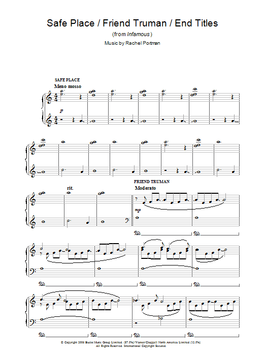 Rachel Portman Safe Place/Friend Truman/End Titles (from Infamous) sheet music, chords, lyrics - Printable PDF for Piano