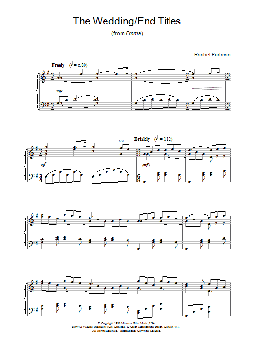 Rachel Portman The Wedding/End Titles (from Emma) sheet music preview music notes and score for Piano including 7 page(s)