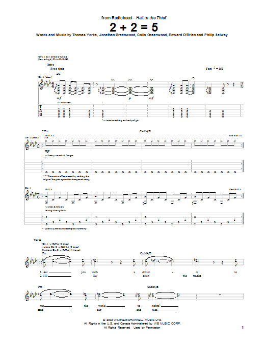 Radiohead 2 + 2 = 5 sheet music, chords, lyrics - Printable PDF for Guitar Tab