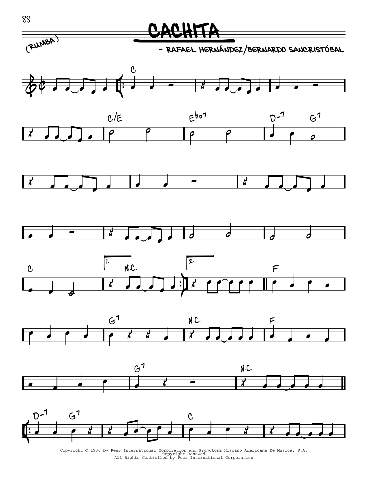 Learn to play Rafael Hernández Cachita sheet music for Real Book – Melody & Chords in minutes. Rafael Hernández Cachita sheet music preview music notes and score for Real Book – Melody & Chords including 2 page(s)