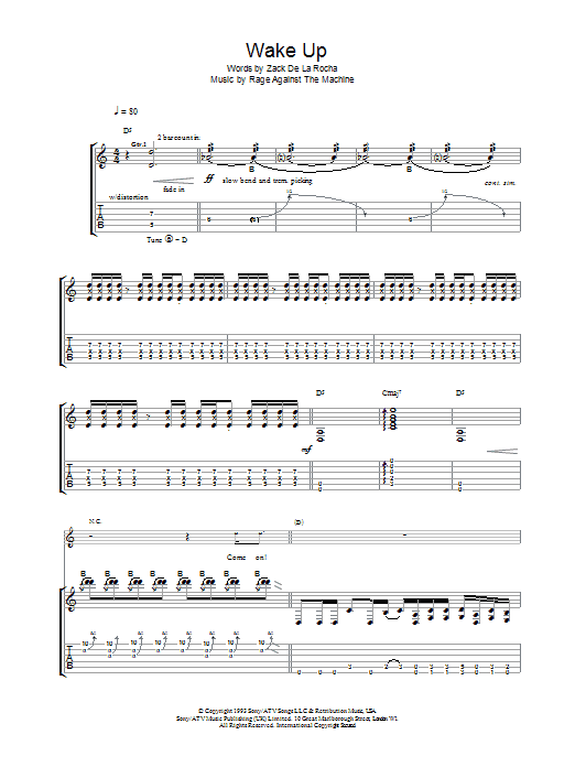 Rage Against The Machine Wake Up sheet music preview music notes and score for Lyrics & Chords including 4 page(s)