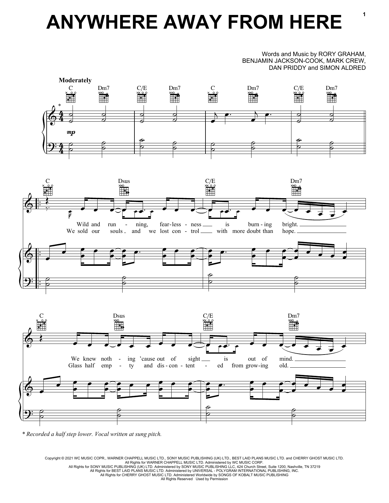Rag'n'Bone Man & P!nk Anywhere Away From Here sheet music, chords, lyrics - Printable PDF for Piano, Vocal & Guitar (Right-Hand Melody)