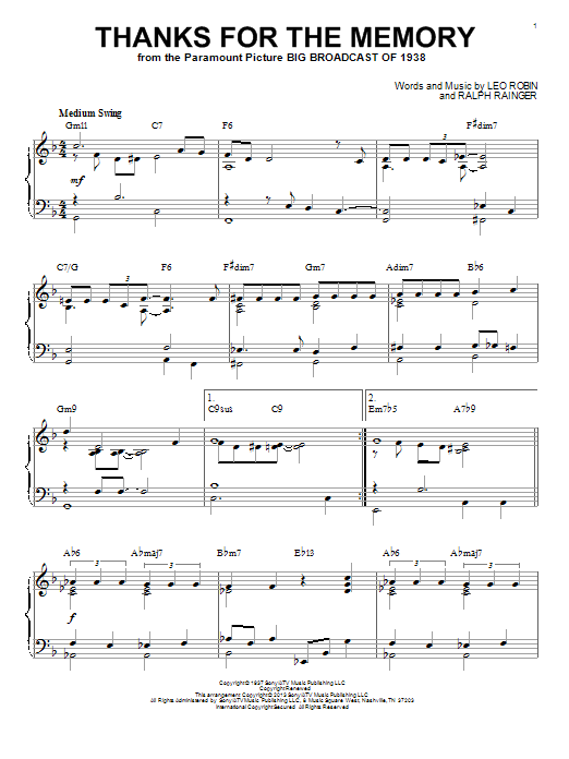 Ralph Rainger Thanks For The Memory sheet music, chords, lyrics - Printable PDF for Piano