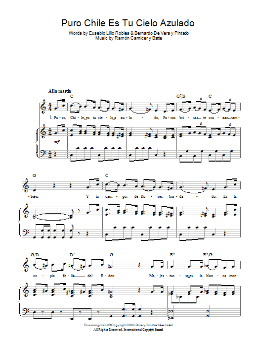 Learn to play Ramon Carnicer y Battle Puro Chile Es Tu Cielo Azulado (Chilean National Anthem) sheet music for Piano, Vocal & Guitar (Right-Hand Melody) in minutes. Ramon Carnicer y Battle Puro Chile Es Tu Cielo Azulado (Chilean National Anthem) sheet music preview music notes and score for Piano, Vocal & Guitar (Right-Hand Melody) including 4 page(s)