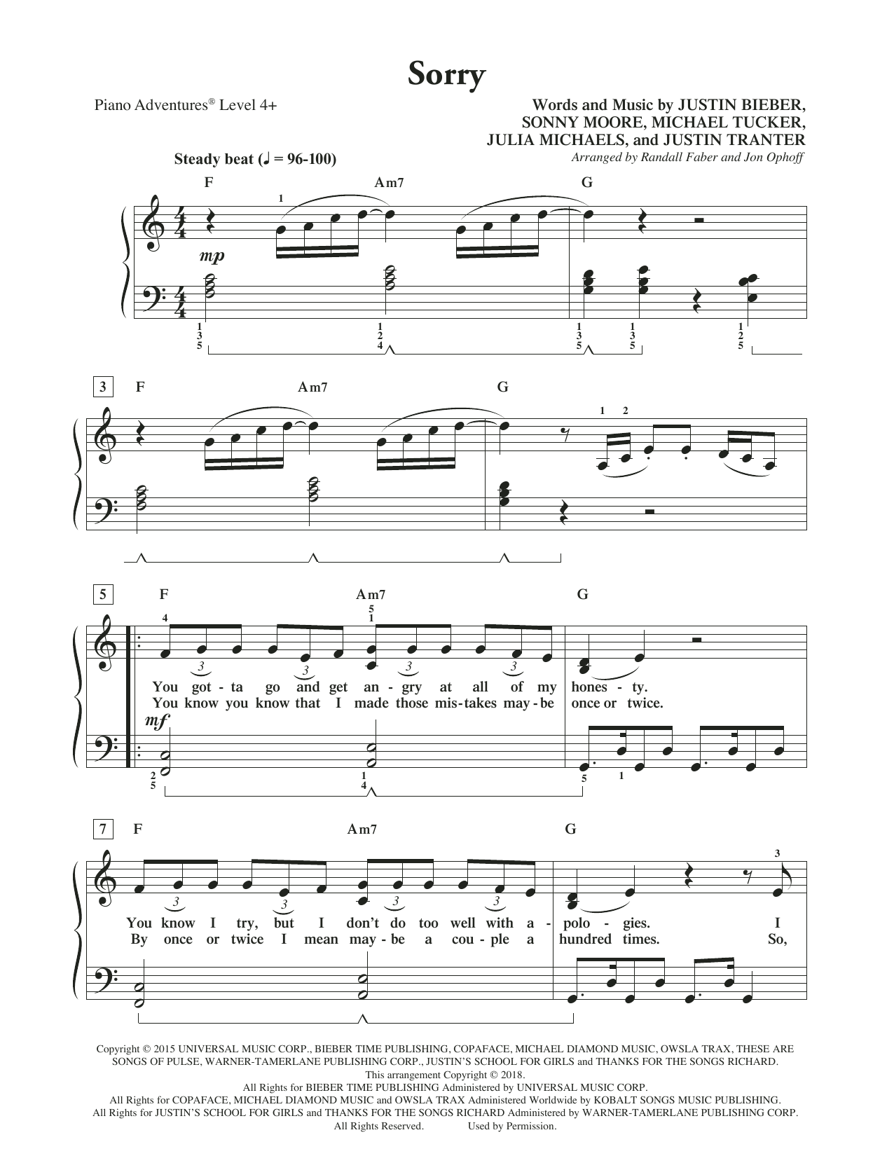 Randall Faber & Jon Ophoff Sorry sheet music, chords, lyrics - Printable PDF for Piano Adventures