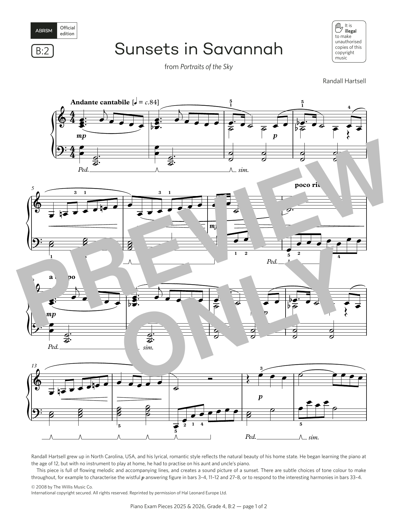 Randall Hartsell Sunsets in Savannah (Grade 4, list B2, from the ABRSM Piano Syllabus 2025 & 2026) sheet music, chords, lyrics - Printable PDF for Piano Solo