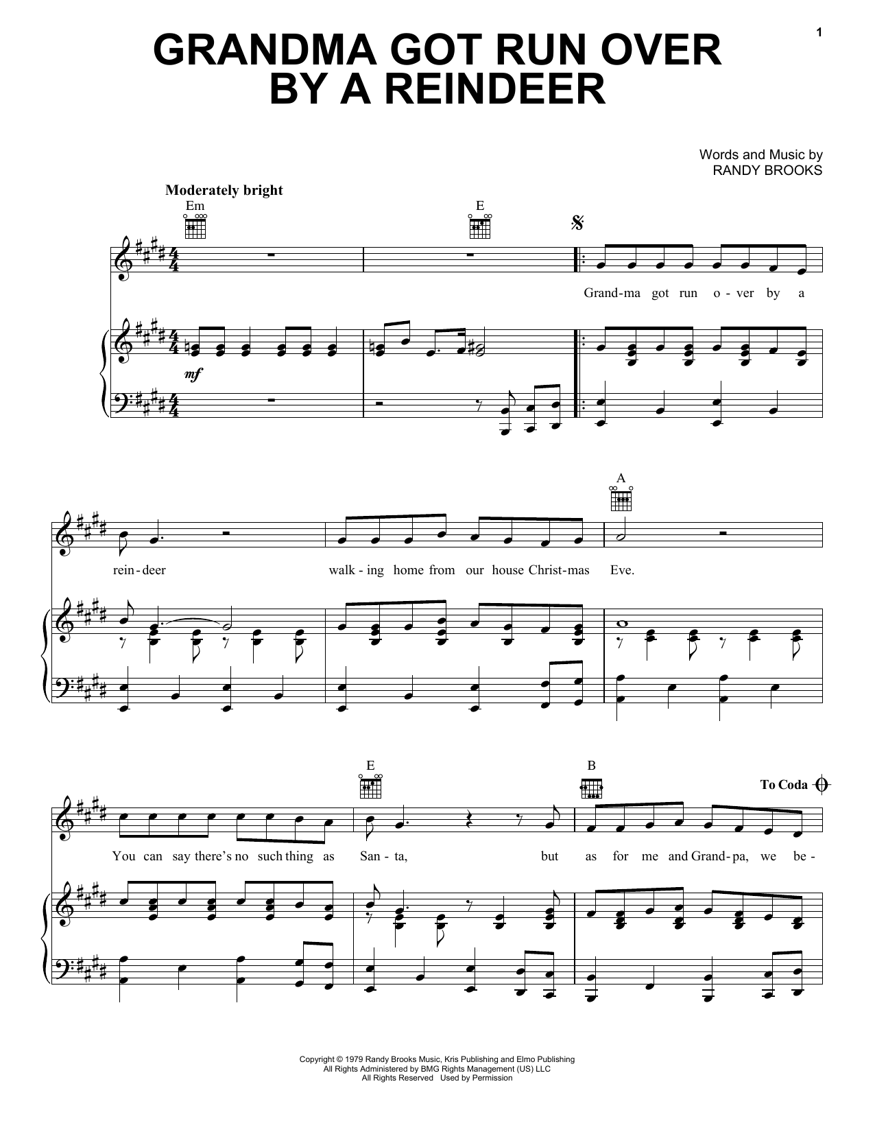Learn to play Randy Brooks Grandma Got Run Over By A Reindeer sheet music for Piano (Big Notes) in minutes. Randy Brooks Grandma Got Run Over By A Reindeer sheet music preview music notes and score for Piano (Big Notes) including 4 page(s)
