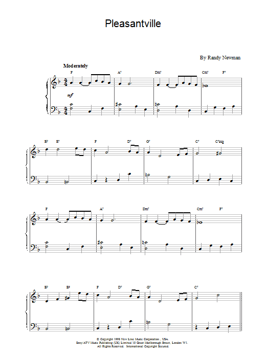 Randy Newman Pleasantville sheet music preview music notes and score for Piano including 3 page(s)