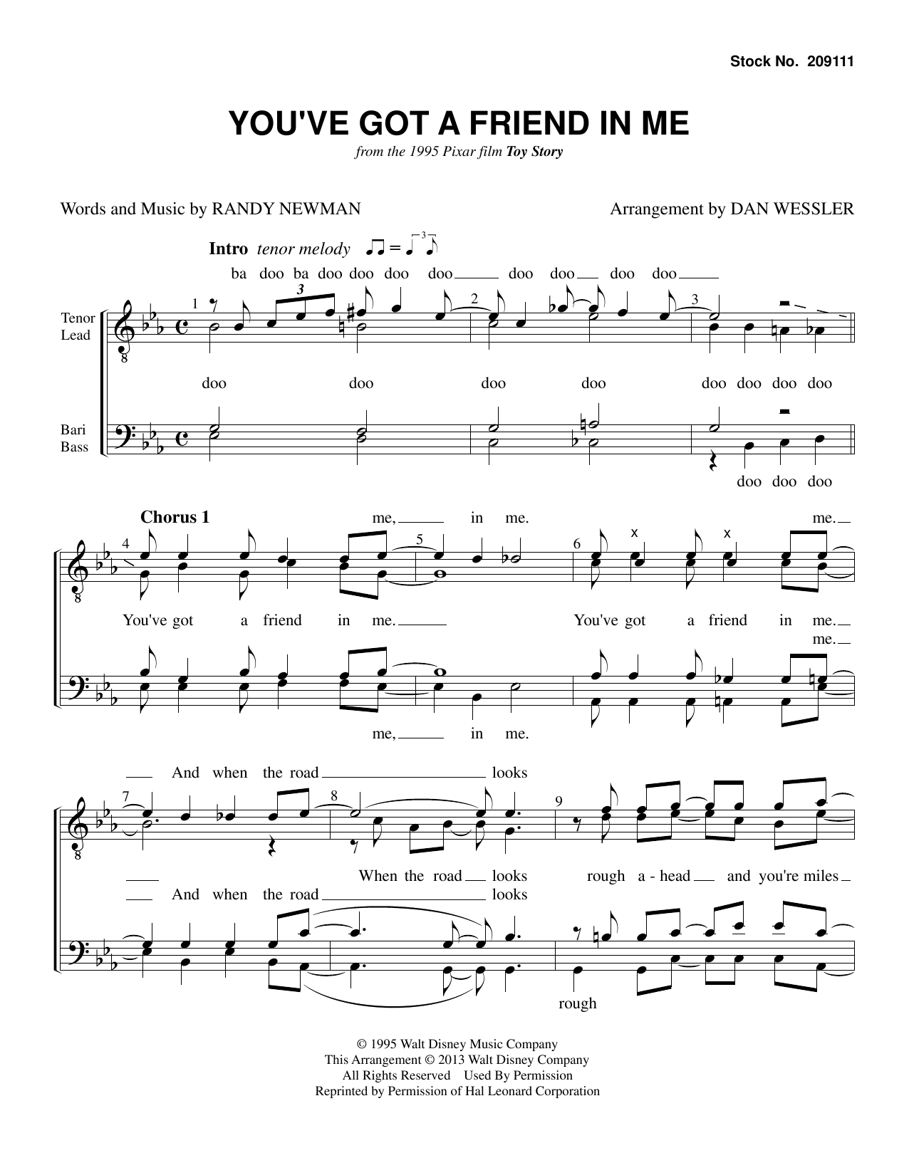 Learn to play Randy Newman You've Got A Friend In Me (from Toy Story) (arr. Dan Wessler) sheet music for TTBB Choir in minutes. Randy Newman You've Got A Friend In Me (from Toy Story) (arr. Dan Wessler) sheet music preview music notes and score for TTBB Choir including 5 page(s)