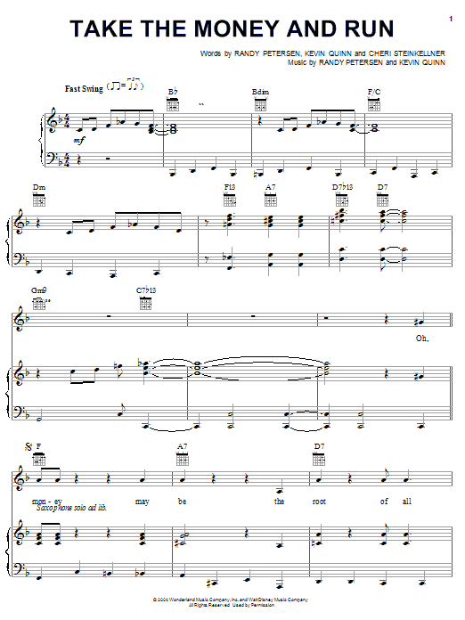 Learn to play Randy Petersen Take The Money And Run (from Disney's Teacher's Pet) sheet music for Piano, Vocal & Guitar (Right-Hand Melody) in minutes. Randy Petersen Take The Money And Run (from Disney's Teacher's Pet) sheet music preview music notes and score for Piano, Vocal & Guitar (Right-Hand Melody) including 9 page(s)