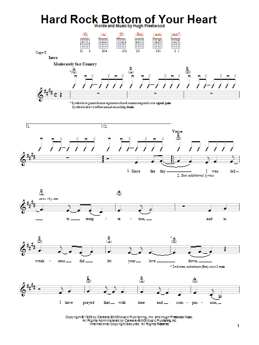 Learn to play Randy Travis Hard Rock Bottom Of Your Heart sheet music for Easy Guitar Tab in minutes. Randy Travis Hard Rock Bottom Of Your Heart sheet music preview music notes and score for Easy Guitar Tab including 3 page(s)