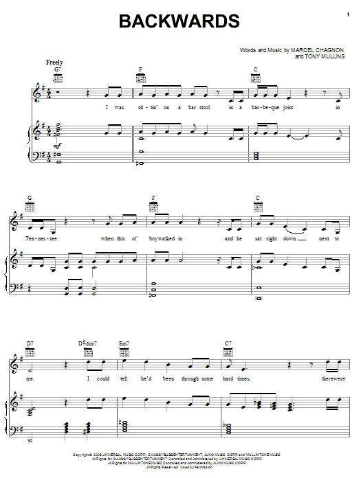 Learn to play Rascal Flatts Backwards sheet music for Piano (Big Notes) in minutes. Rascal Flatts Backwards sheet music preview music notes and score for Piano (Big Notes) including 9 page(s)