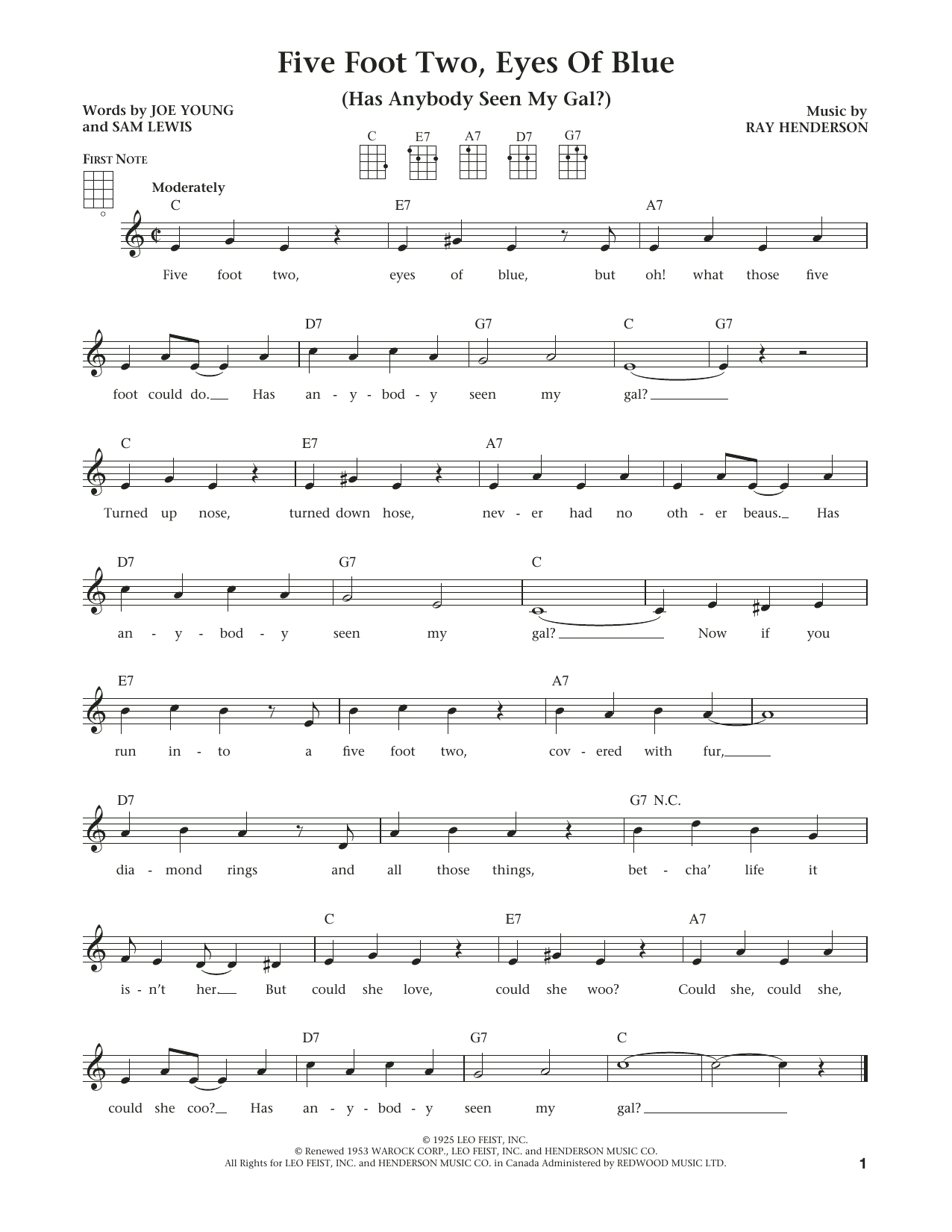 Ray Henderson Five Foot Two, Eyes Of Blue (Has Anybody Seen My Girl?) sheet music, chords, lyrics - Printable PDF for Ukulele