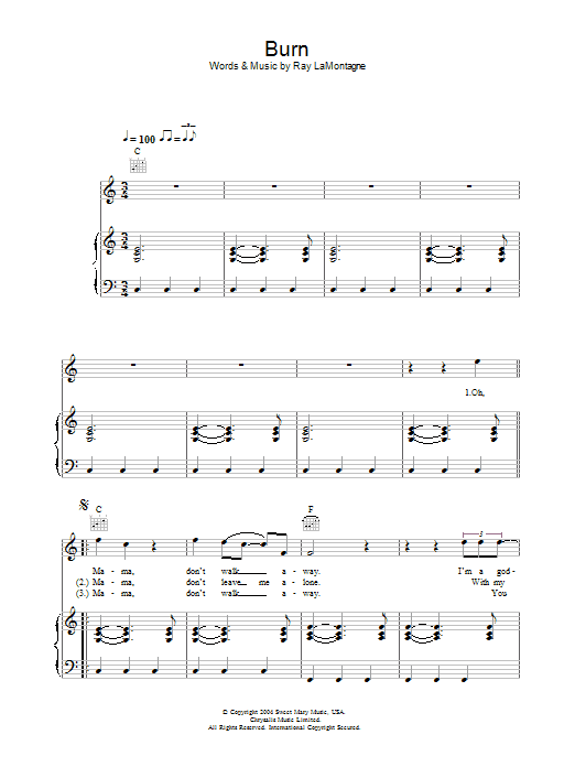 Ray LaMontagne Burn sheet music, chords, lyrics - Printable PDF for Piano, Vocal & Guitar