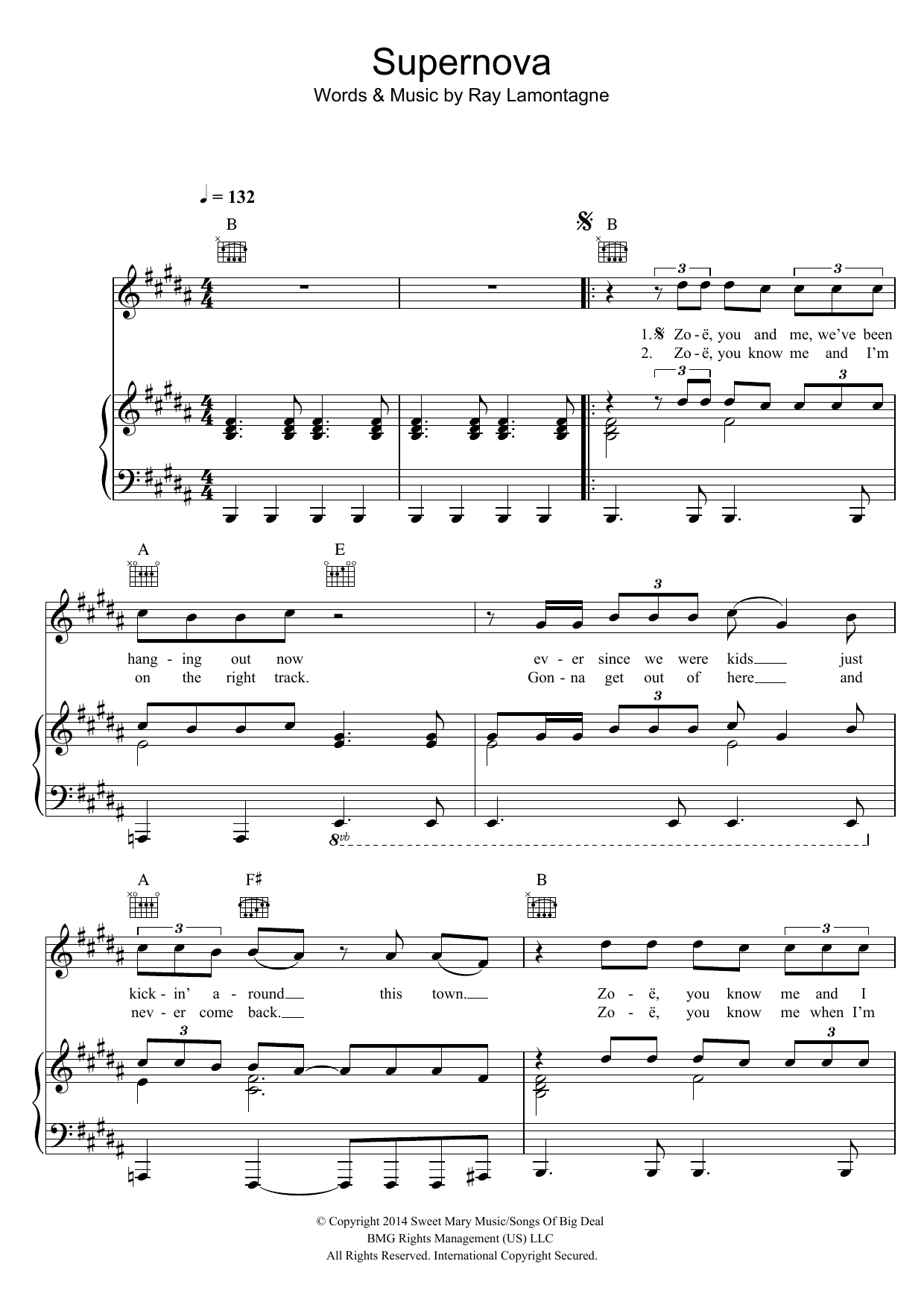 Ray LaMontagne Supernova sheet music, chords, lyrics - Printable PDF for Piano, Vocal & Guitar (Right-Hand Melody)