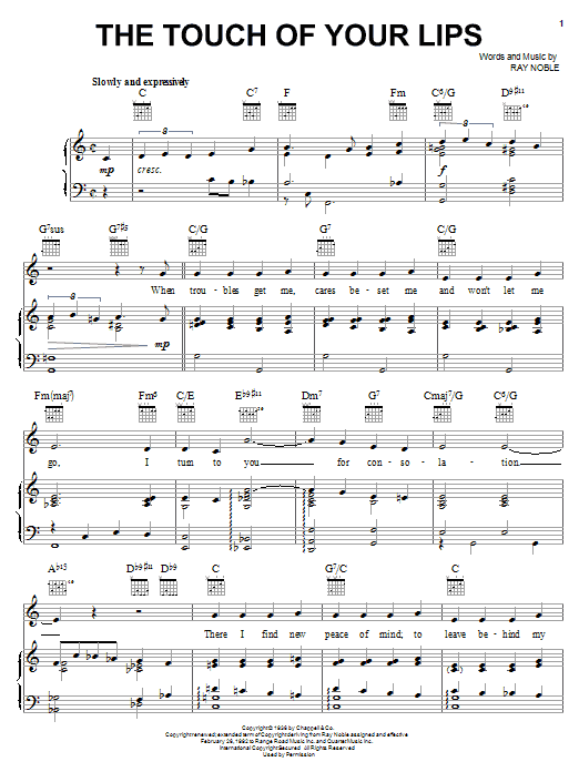 Download Ray Noble The Touch Of Your Lips sheet music notes and chords for Piano, Vocal & Guitar (Right-Hand Melody) - Download Printable PDF and start playing in minutes.