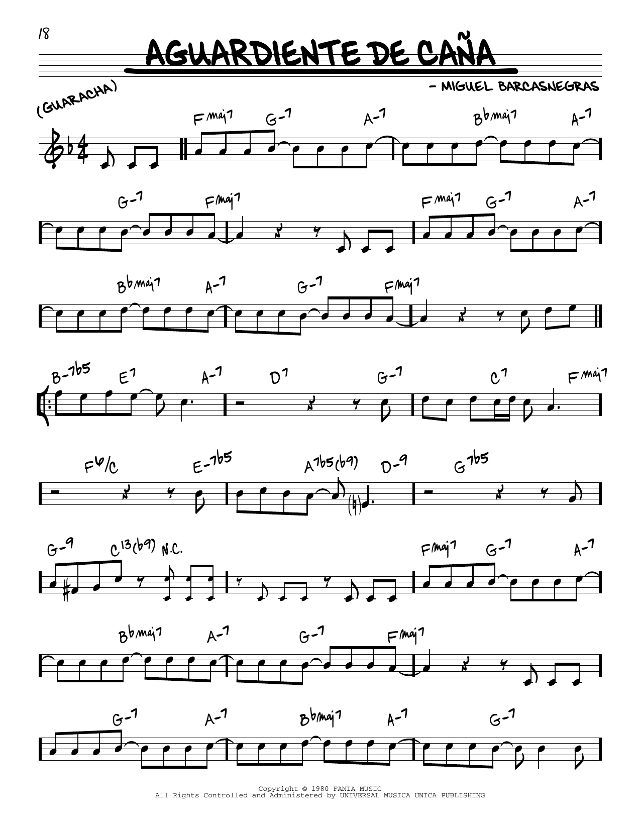 Learn to play Ray Barretto Aguardiente De Cana sheet music for Real Book – Melody & Chords in minutes. Ray Barretto Aguardiente De Cana sheet music preview music notes and score for Real Book – Melody & Chords including 2 page(s)