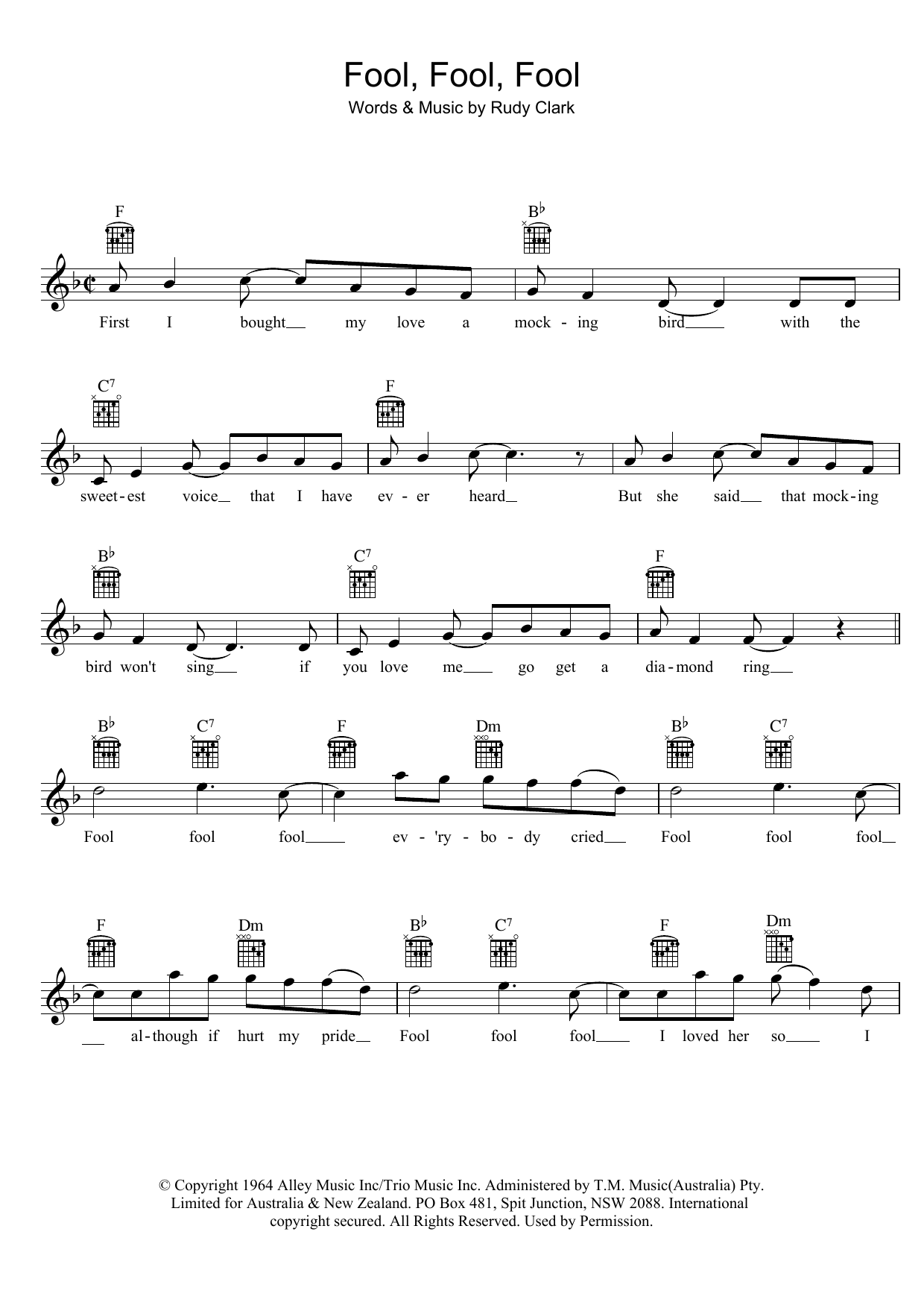 Learn to play Ray Brown Fool, Fool, Fool sheet music for Melody Line, Lyrics & Chords in minutes. Ray Brown Fool, Fool, Fool sheet music preview music notes and score for Melody Line, Lyrics & Chords including 2 page(s)