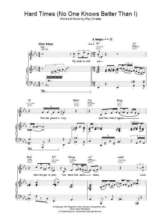 Learn to play Ray Charles Hard Times sheet music for Piano & Vocal in minutes. Ray Charles Hard Times sheet music preview music notes and score for Piano & Vocal including 2 page(s)