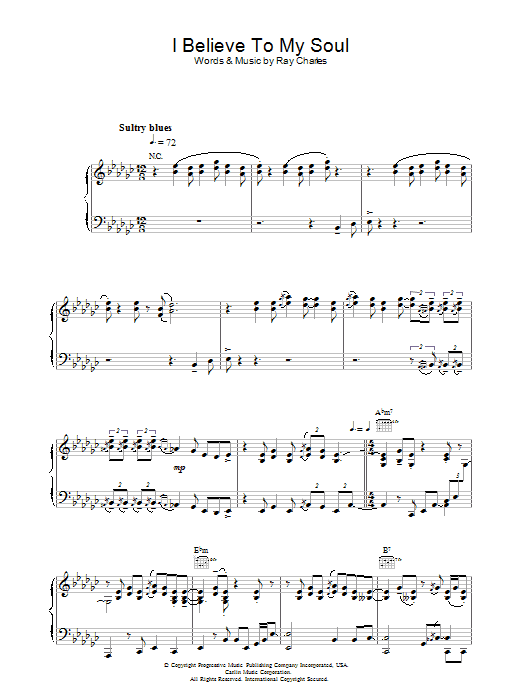 Ray Charles I Believe To My Soul sheet music preview music notes and score for Piano, Vocal & Guitar including 6 page(s)